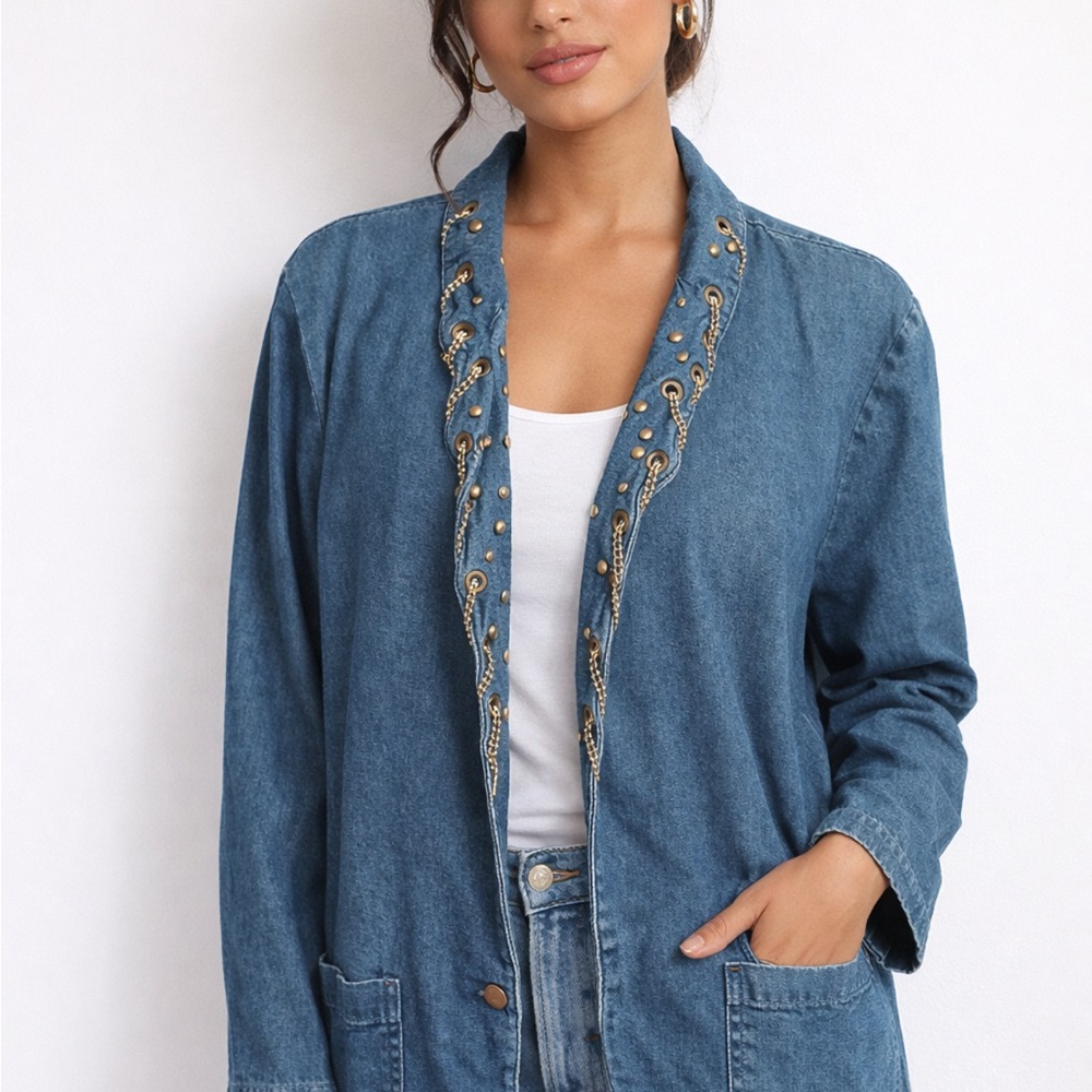 Elegant Blue Denim Jacket with Chain Details